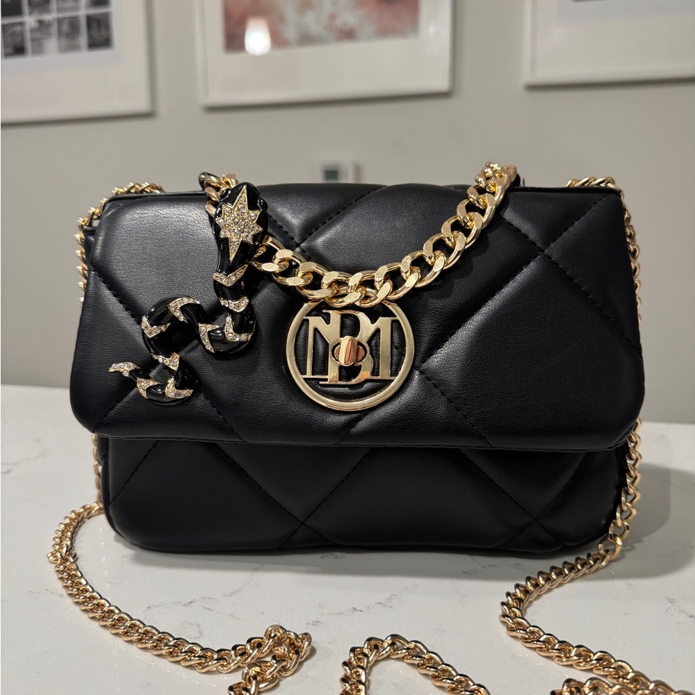 Black Quilted Gold Tone Chain Bag & Snake brooch